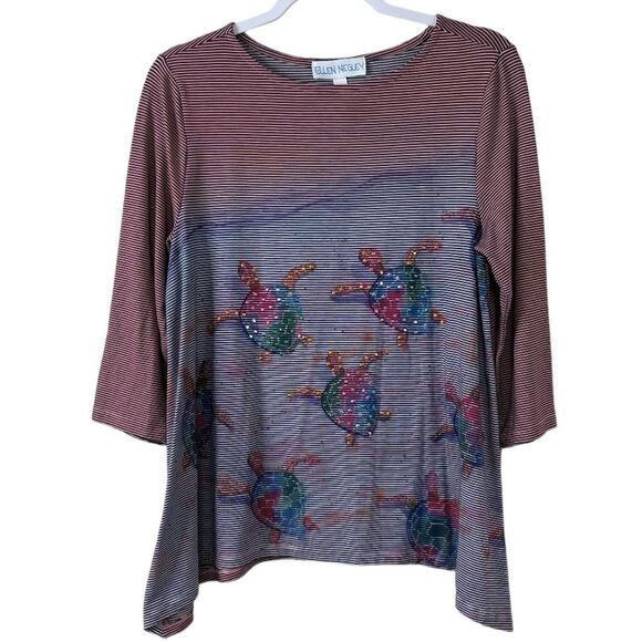 Ellen Negley Art & Sol Turtle Print Blouse Rhinestones Artsy Bohemian Size M - Picture 1 of 15